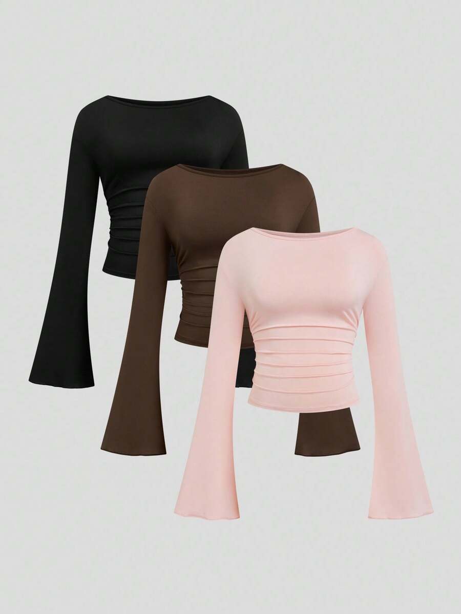 Sweetra 大码圆领长袖修身短款喇叭袖多色修身秋冬上衣 T 恤 - 彩色 - 查看 1