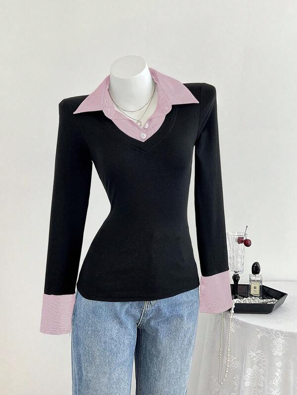 Elamini 女士休闲合身针织条纹衬衫