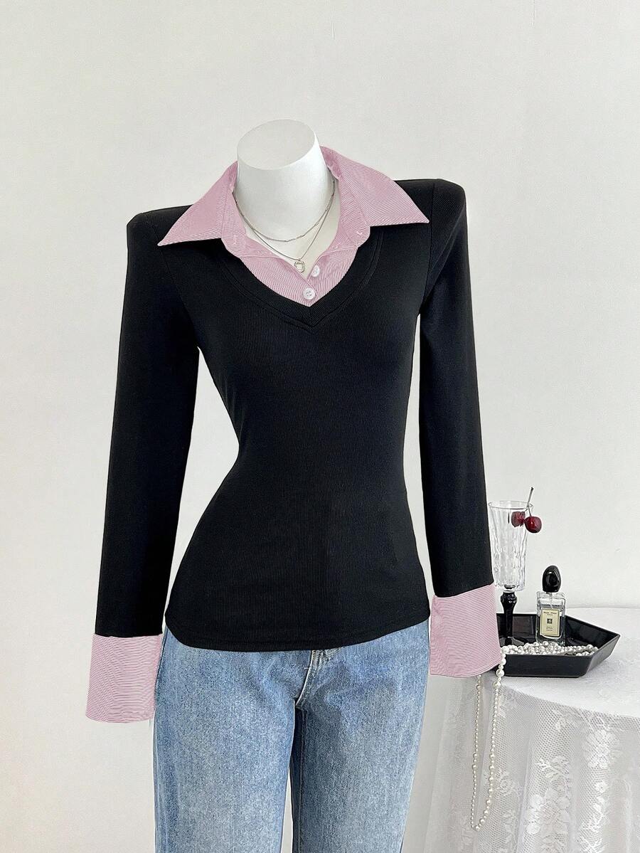 Elamini 女士休闲合身针织条纹衬衫 - 粉色 - 查看 1