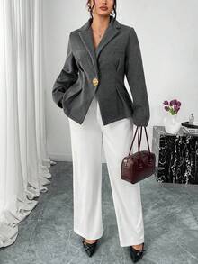 Firerie Blazer de talla grande de unicolor con cintura ceñida, adecuado para el trabajo, otoño/invierno - Gris - Ver 4