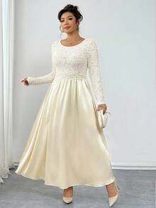 Elenzga 大码女式长款蕾丝网布拼缎腰收腰长袖优雅连衣裙，杏色，适合秋冬季下午茶 - 杏色 - 查看 6