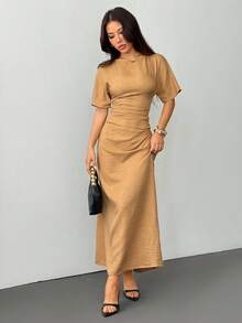 SHEIN PETITE Váy vải lanh pha trộn màu trơn thanh lịch dành cho nữ mùa hè, - Màu Khaki - Xem 5