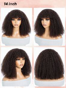 Density Pro 深棕色非洲卷发鲍勃假发，带刘海，真人发质蓬松卷发鲍勃刘海假发，无胶可戴鲍勃假发 - S2 - 查看 4