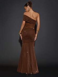 SHEIN BAE 棕色闪亮不对称露肩透明长裙优雅女士长裙、节日礼服、婚礼宾客礼服、生日礼服、棕色礼服、派对礼服、圣诞礼服 - 棕色 - 查看 2