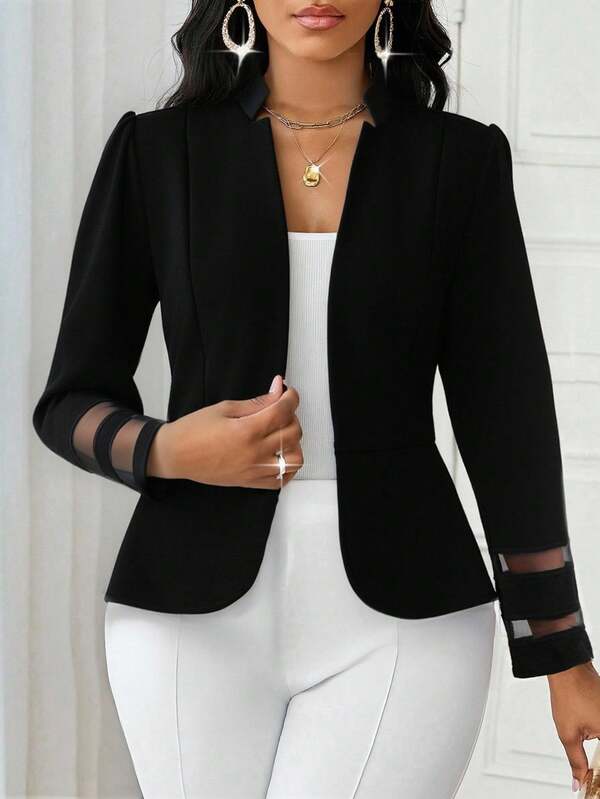 SHEIN Lady Women's Solid Color Bubble Sleeve Splice Mesh Cuffs Elegant Open Front Cinched Waist Jacket, Spring & Autumn Women's Winter Jacket Fall Clothes For Women Autumn Outfits For Women Fall Clothes For Women