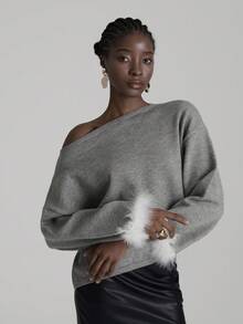 SHEIN Unity Women's Elegant Loose Off Shoulder Long Sleeve Gray Sweater, Furry Sleeves Lace-Trimmed Top, Autumn, Brunch, Green And White New Year Party - Grey - View 1