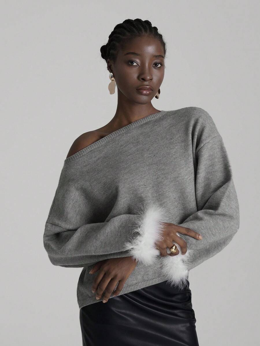 SHEIN Unity Women's Elegant Loose Off Shoulder Long Sleeve Gray Sweater, Furry Sleeves Lace-Trimmed Top, Autumn, Brunch, Green And White New Year Party - Grey - View 1