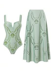 Swim Oasis V-Neck Sleeveless Women Swimsuit & Long Skirt Set - Blue - View 1