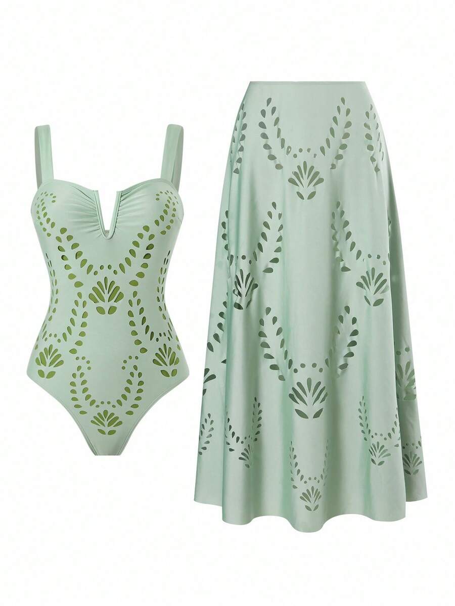 Swim Oasis V-Neck Sleeveless Women Swimsuit & Long Skirt Set - Blue - View 1