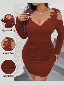 SHEIN Clasi Plus Size Solid Color Applique Ruched Fitted Long Sleeve Dress - Bronze - View 3