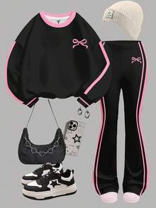 SHEIN Set de 2 piezas Conjunto informal de estilo escolar vintage para niñas preadolescentes, incluye sudadera holgada de cuello redondo grueso con gráfico de lazo y pantalones acampanados, negro y rosa, adecuado para otoño/invierno - Blanco - Ver 2