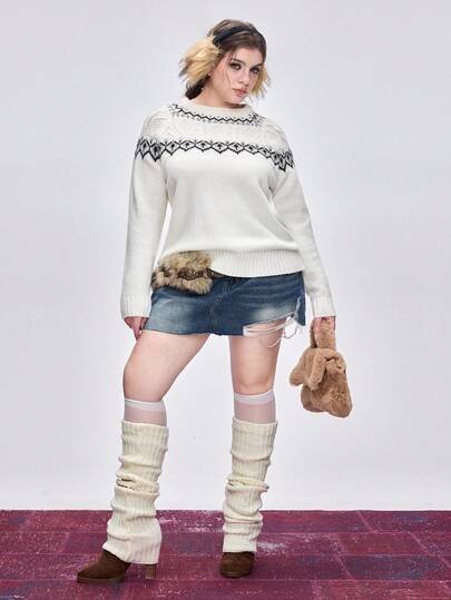 Kawaii Suéter de cuello alto con estampado Fair Isle, talla grande, invierno