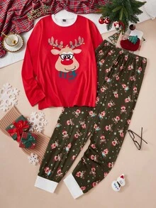男士圣诞红鹿头图案圆领长袖上衣搭配绿色鹿元素长裤，可爱又酷炫的圣诞假日休闲家居套装，是欢乐家庭圣诞居家场景的理想之选，也是秋冬季服装的完美选择。 - 紅色 - 查看 5