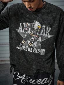 AXEPEAK Men's Street Style Graphic Print Crew Neck Long Sleeve T-Shirt - Black - View 1