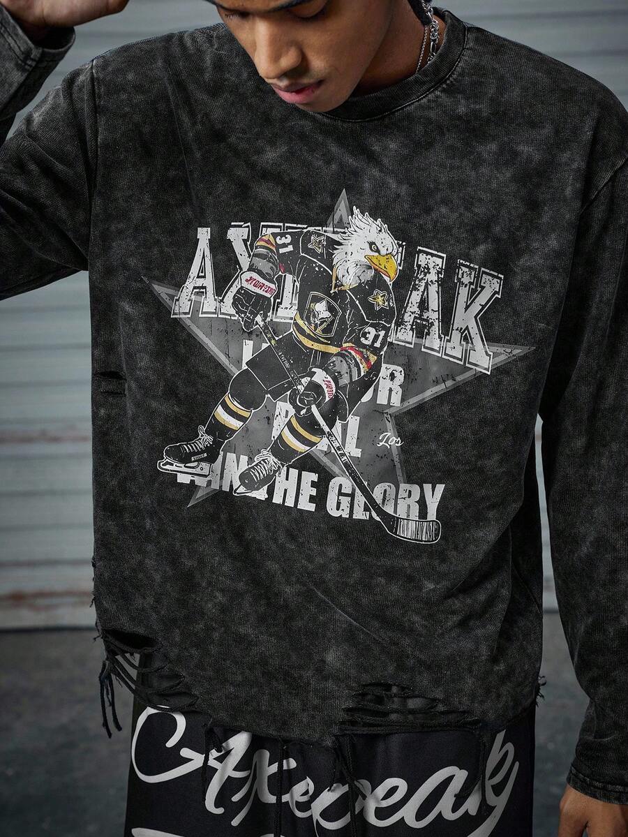 AXEPEAK Men's Street Style Graphic Print Crew Neck Long Sleeve T-Shirt - Black - View 1