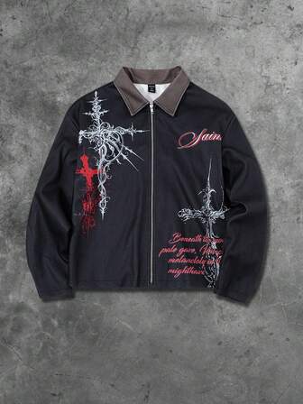 Street Life Men's Vintage Gothic Cross & Angel Print Overcoat, Suitable For Autumn/Winter