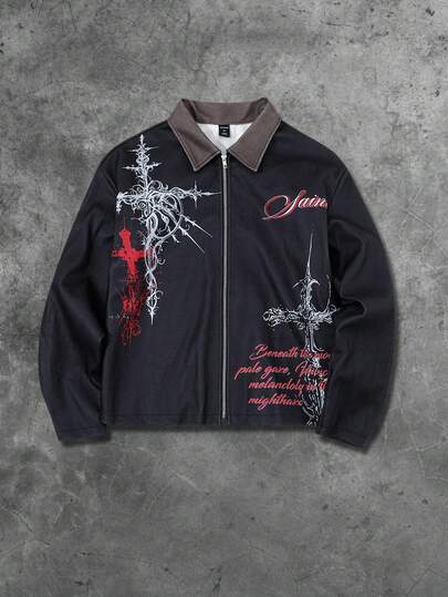 Street Life Men's Vintage Gothic Cross & Angel Print Overcoat, Suitable For Autumn/Winter