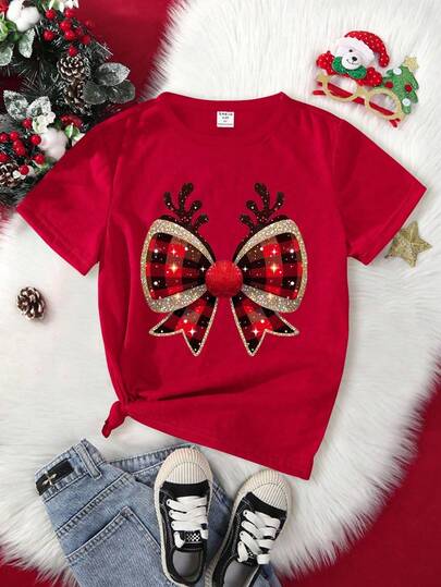 Camiseta gráfica con cuernos de reno, lazo con brillo y cuadros para niñas preadolescentes, diseño de cuernos de reno y lazo de ajuste holgado informal, cuello redondo, conjunto de ropa navideña