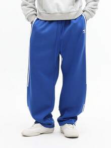 SUMWON 宽松版型运动裤，侧边条纹，休闲居家服，经典街头风，舒适冬季抓绒裤，弹性裤脚，抽绳腰带，舒适运动裤，纯色 - 藍色 - 查看 4