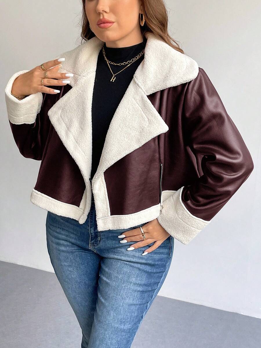 SHEIN Privé Plus Size Fashionable Windproof PU Leather Teddy Fleece Lining Contrast Color Short Loose Fit Women Black Jacket, Autumn/Winter