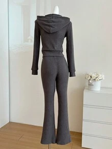 Conjunto de 2 piezas de ropa deportiva de punto casual de otoño gris estilo coreano para adolescentes, sudadera holgada y chic ajustada & pantalones acampanados - Gris Oscuro - Ver 2