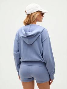 Eassivo Eassivo Bộ áo hoodie dài tay dáng rộng màu trơn - Màu xanh lam - Xem 2