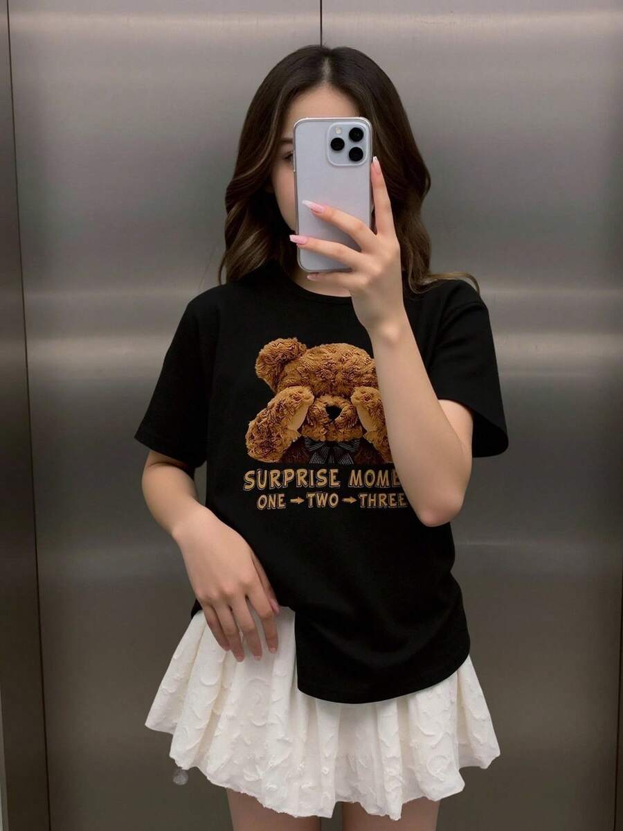 小女孩 1 件趣味熊和口号印花短袖 T 恤熊服装女孩衬衫女孩休闲图案 T 恤