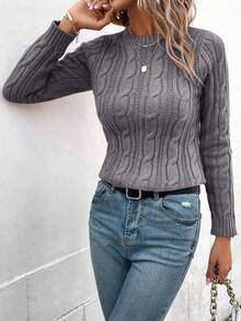 EMERY ROSE Women's Casual Cable Pattern Crew Neck Long Sleeve Sweater, Autumn/Winter - Grey - View 6