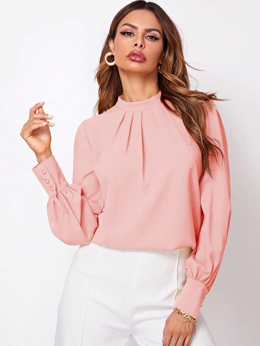 SHEIN LUNE 女式纯色立领长袖褶皱设计优雅衬衫 - 粉色 - 查看 1