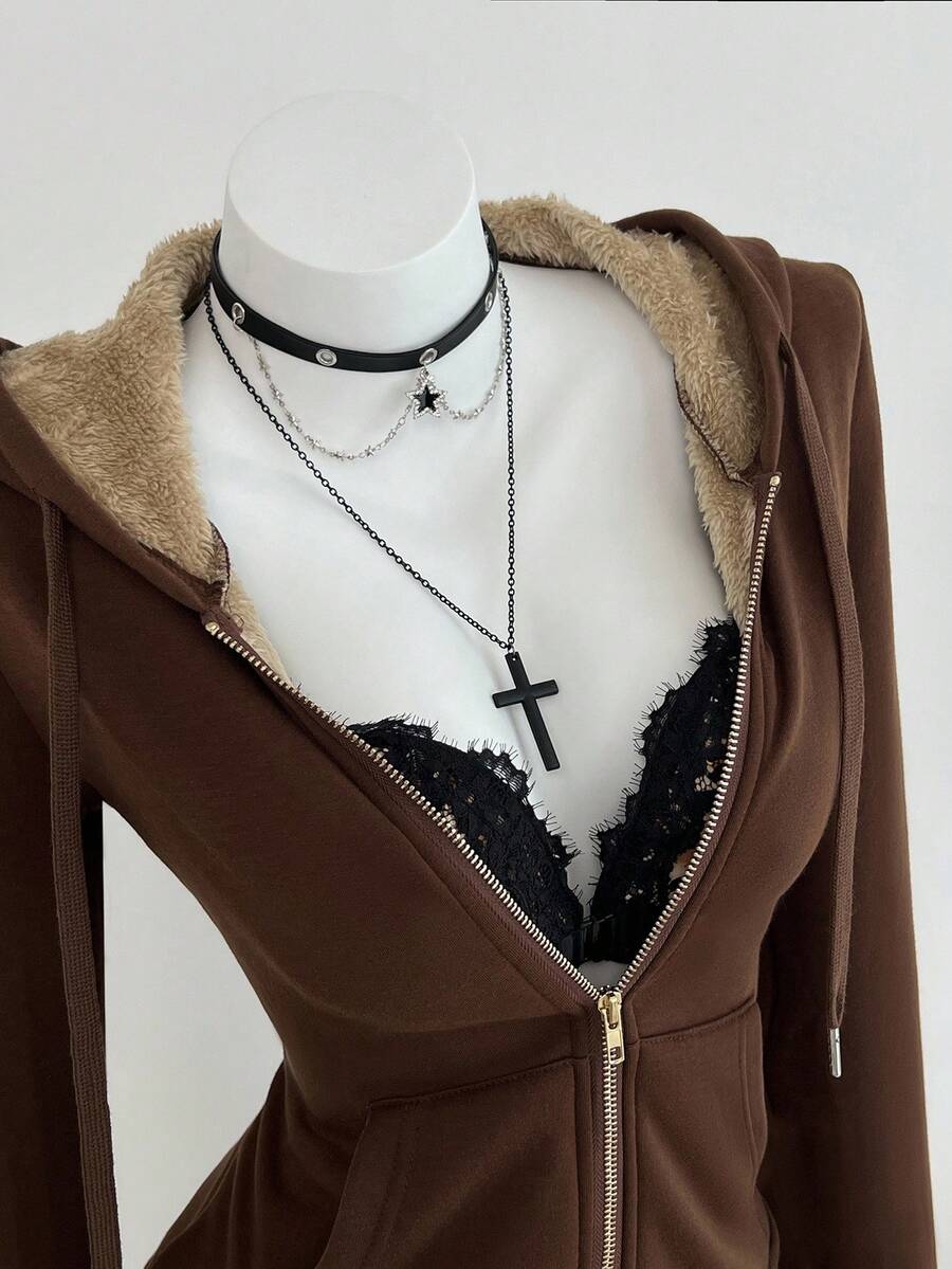 Elamini 修身复古风格针织弹力连帽保暖内衬长袖口袋女式运动衫 女式秋季服装 - 棕色 - 查看 1