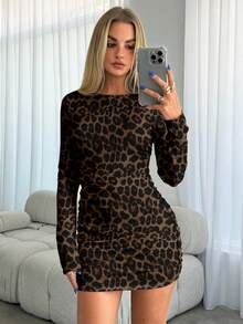 Aloruh Women's Solid Color Round Neck Long Sleeve Pleated Leopard Print Mini Bodycon Dress, Suitable For Autumn/Winter, Dates, Parties, Galas, - Multicolor - View 4