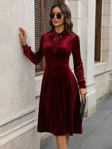 SHEIN LUNE 女士纯色系带领口袋优雅长袖中长连衣裙 - 紅色 - 查看 4