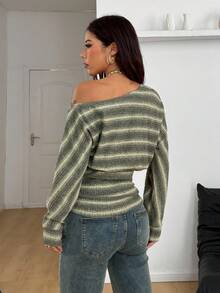 Coolane 女式秋冬 Y2K 休闲日常条纹弹力长袖露肩 T 恤 - 綠色 - 查看 6