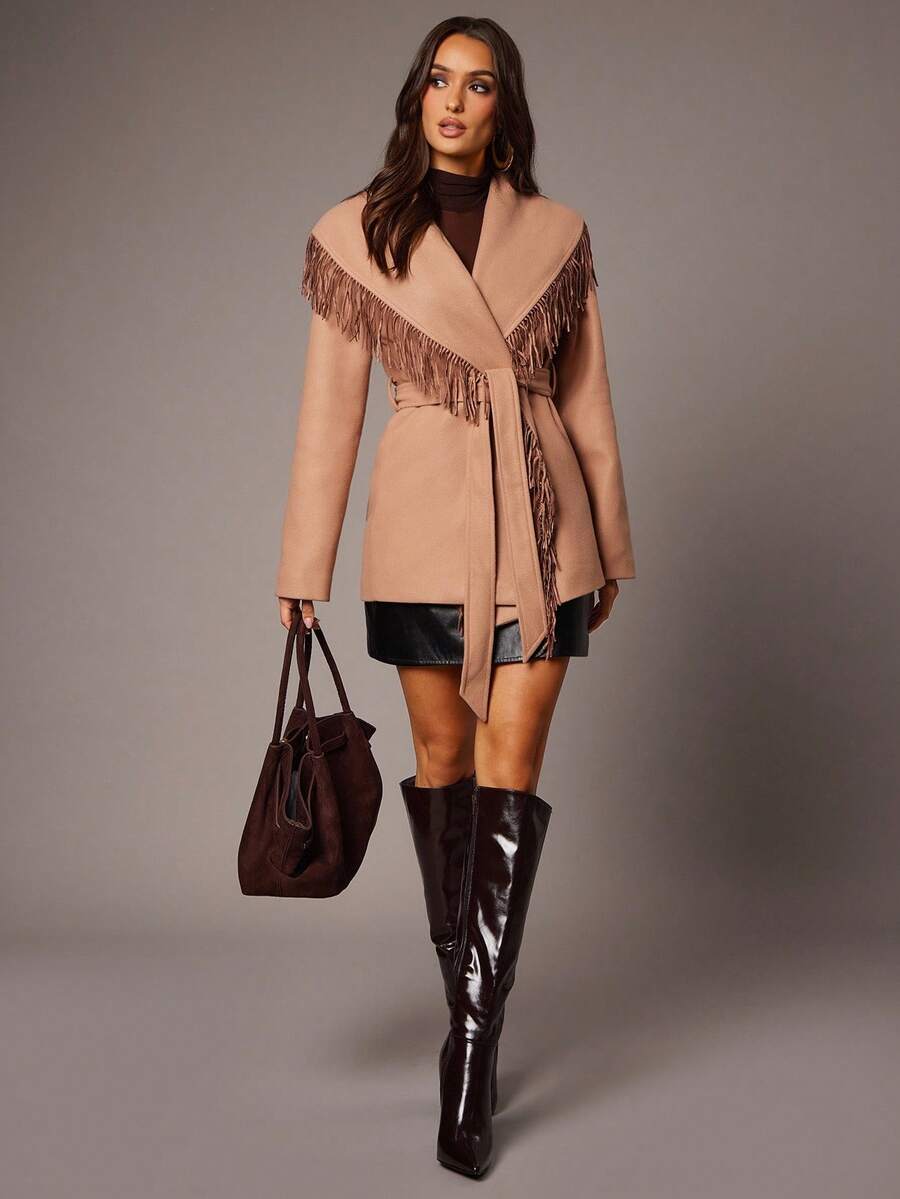 Silquee 优雅长袖大衣，适合秋冬季节穿着，配有流苏交叉腰带，是女士秋季服装、西部风格女装、棕色粗花呢系带夹克、音乐节、街头时尚外套的理想之选。