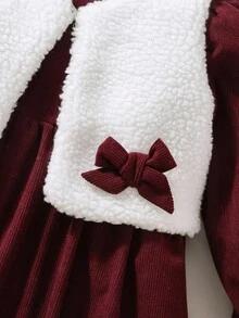 SHEIN 2件組女嬰鄉村風毛茸茸背心外套+燈芯絨泡泡袖洋裝，酒紅色，秋季，優雅，親子套裝可愛休閒穿搭 - 彩色 - 查看 4