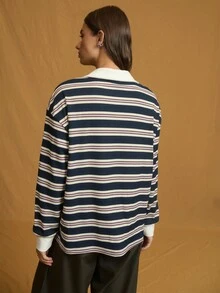 Nöista 长袖 Polo 衫风格上衣，带有横向海军蓝、奶油色和栗色条纹以及白色撞色领子；柔软针织带来学院风氛围，非常适合秋季穿着，冬季舒适分层穿着，适合休闲万圣节、圣诞节或新年活动。 - 彩色 - 查看 2