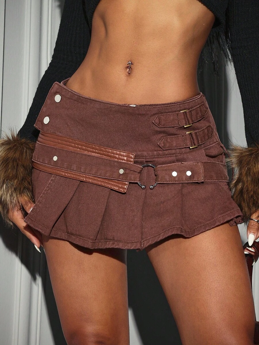 SHEIN EZwear Váy mini xếp ly denim cạp thấp phong cách Mỹ Y2K đơn giản, đa năng - màu nâu - Xem 1