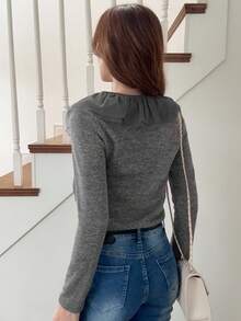 FRIFUL Women's V-Neck Fitted Tight Collar Mesh Patchwork Ribbed Fabric Multi-Layer Ruffle Splice Contrast Color Casual T-Shirt Long Sleeve Top - Grey - View 5