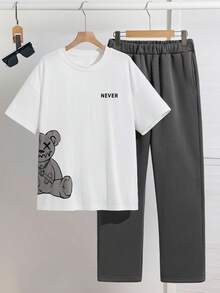 SHEIN 2pcs Teenager Boys' White Teddy Bear & Letter Print Crew Neck Short Sleeve T-Shirt And Sweatpants Set,Summer Streetwear Graduation Back-To-School - Multicolor - View 4