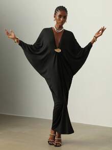 Vesra فستان مُبرّم مُنسوج بلون واحد مُتضخّم مع زخرفة معدنية للنساء - الأسود - مشاهدة 6