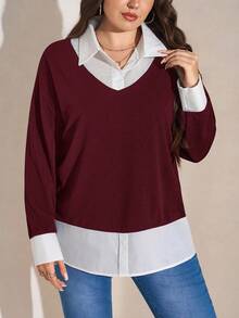 SHEIN LUNE Plus Size Women's Red & White Contrast Collar 2 In 1 Top, Thanksgiving New Years Winter Rave Burgundy Casual Top - Burgundy - View 5