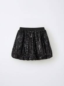 Maija Kids Maija Kids Bộ 2 áo thun dài tay cổ tròn đính nơ cho bé gái và chân váy xòe vải sequin - Màu be - Xem 2