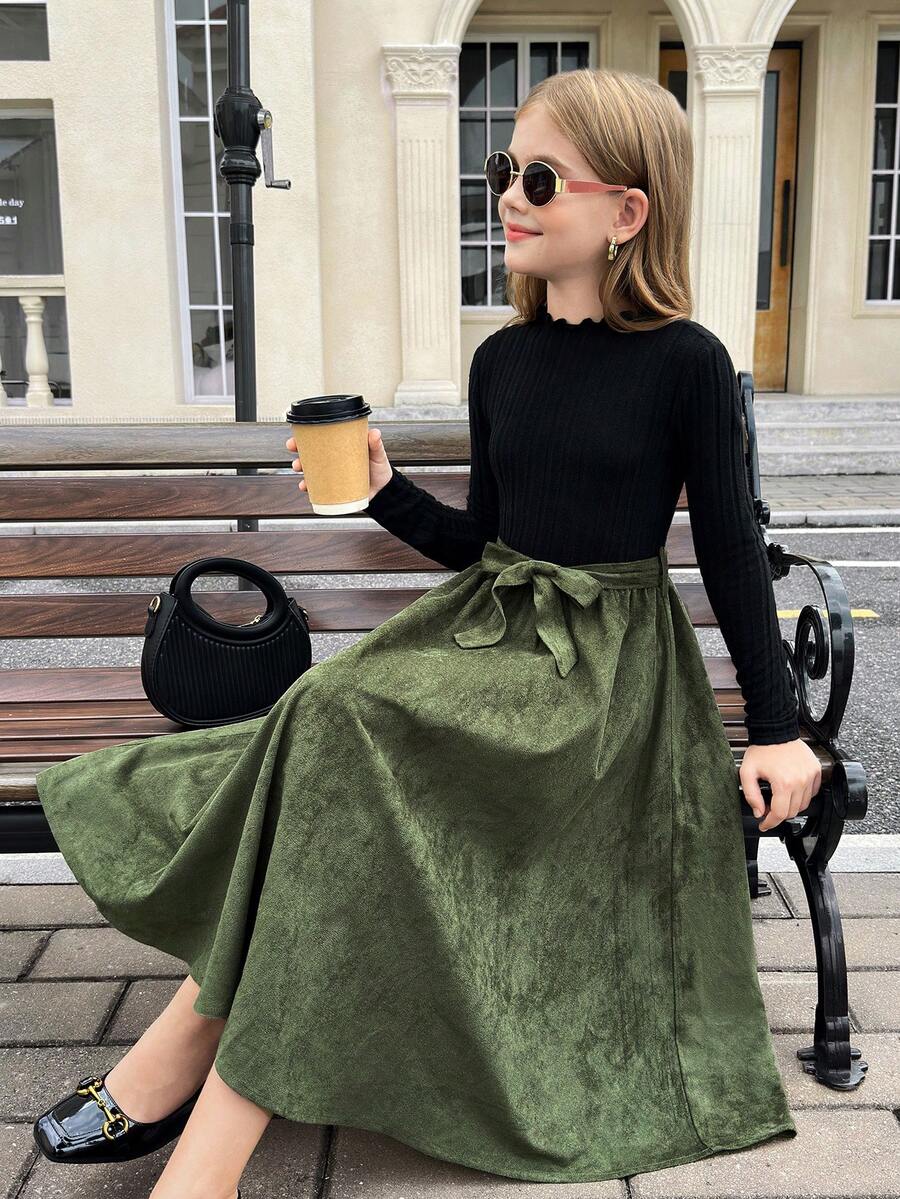 SHEIN Tween Girls' Elegant Casual Knit Green Patchwork Long Sleeve Dress Autumn Winter Tween Girls Dress With Belt - Black - View 1
