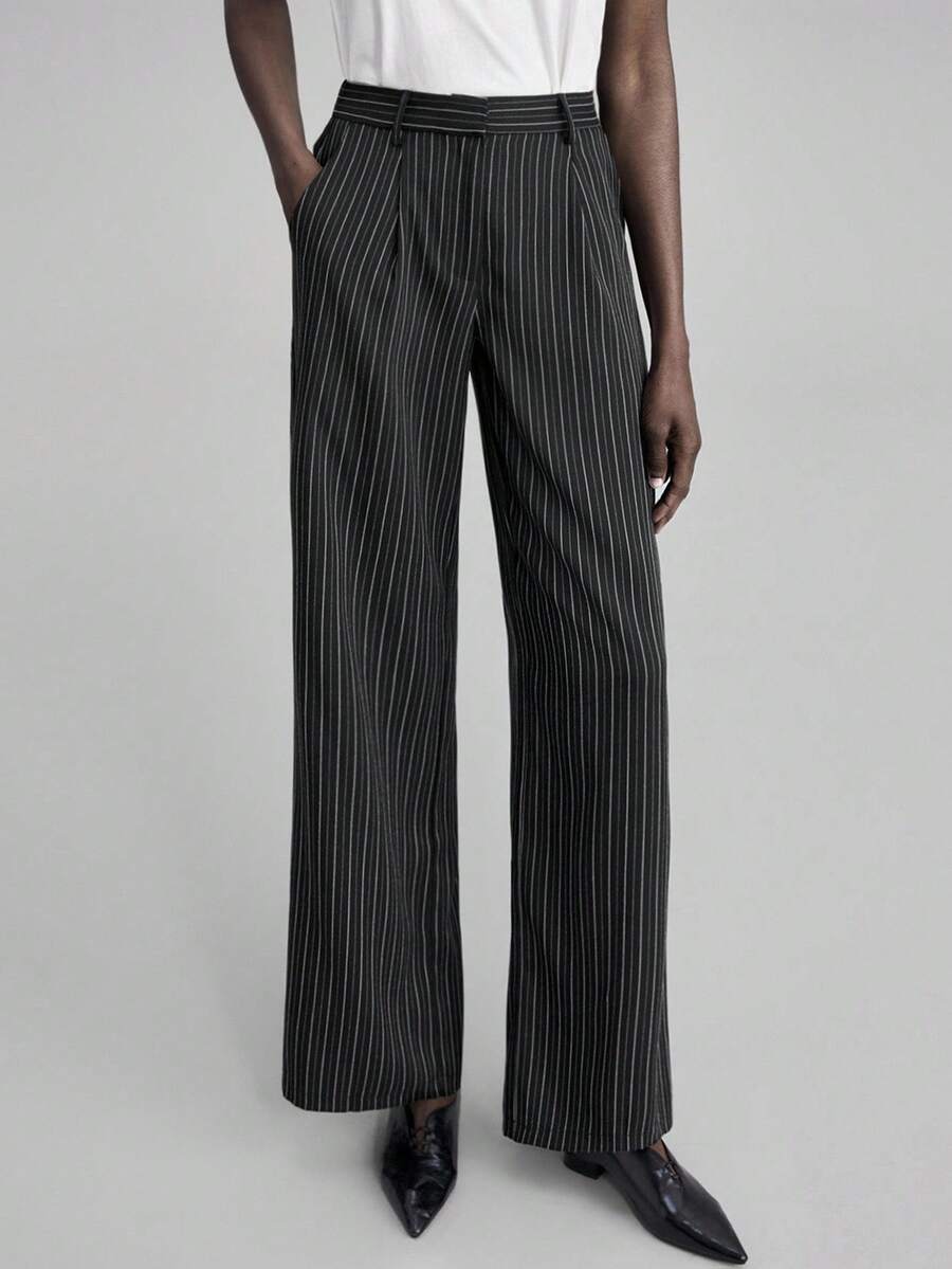 Ontre 2025 Novo Elegante Romântico Urbano Profissional Casual de Escritório para Outono/Inverno, Adequado para Convidados de Casamento, Festas, Concertos, Brunch, Looks de Aeroporto - Calça Reta com Bolso e Estampa Listrada para Mulheres, Versátil para Uso Diário e Sobreposição, Adequado para Halloween, Natal - Preto - Visão 1