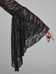 ROMWE EDITION Áo bó sát tay loe hở vai phối ren Gothic cỡ lớn dành cho nữ - màu đen - Xem 5