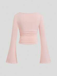 Sweetra 大码圆领长袖修身短款喇叭袖多色修身秋冬上衣 T 恤 - 彩色 - 查看 24