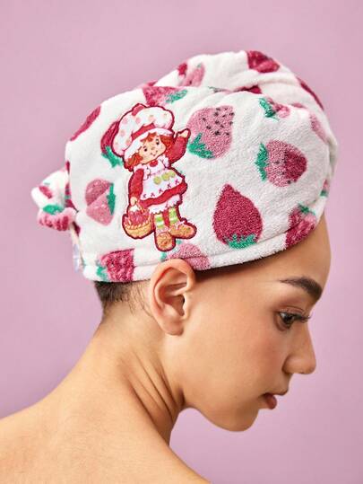 Strawberry Shortcake X SHEIN 1 Pc Strawberry Print Hair Towel Wrap, Cartoon Figure Embroidery, Soft Material, Super Absorbent, Suitable For All Hair Types,Gift Ideas