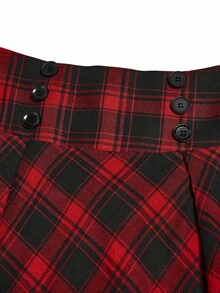 SHEIN Clasi 大码女式复古休闲纽扣装饰格子喇叭裙，秋季 - 紅色 - 查看 6