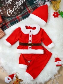 SHEIN Zestaw 3 ubranek świątecznych dla niemowląt, strój Świętego Mikołaja na sesję zdjęciową dla chłopca, dziewczynki, bluzka, spodnie i czapeczka