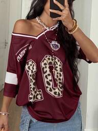 Coolane Dames lente zomer streetwear Y2K luipaardprint nummer grafische voetbalshirt V-hals roze T-shirt